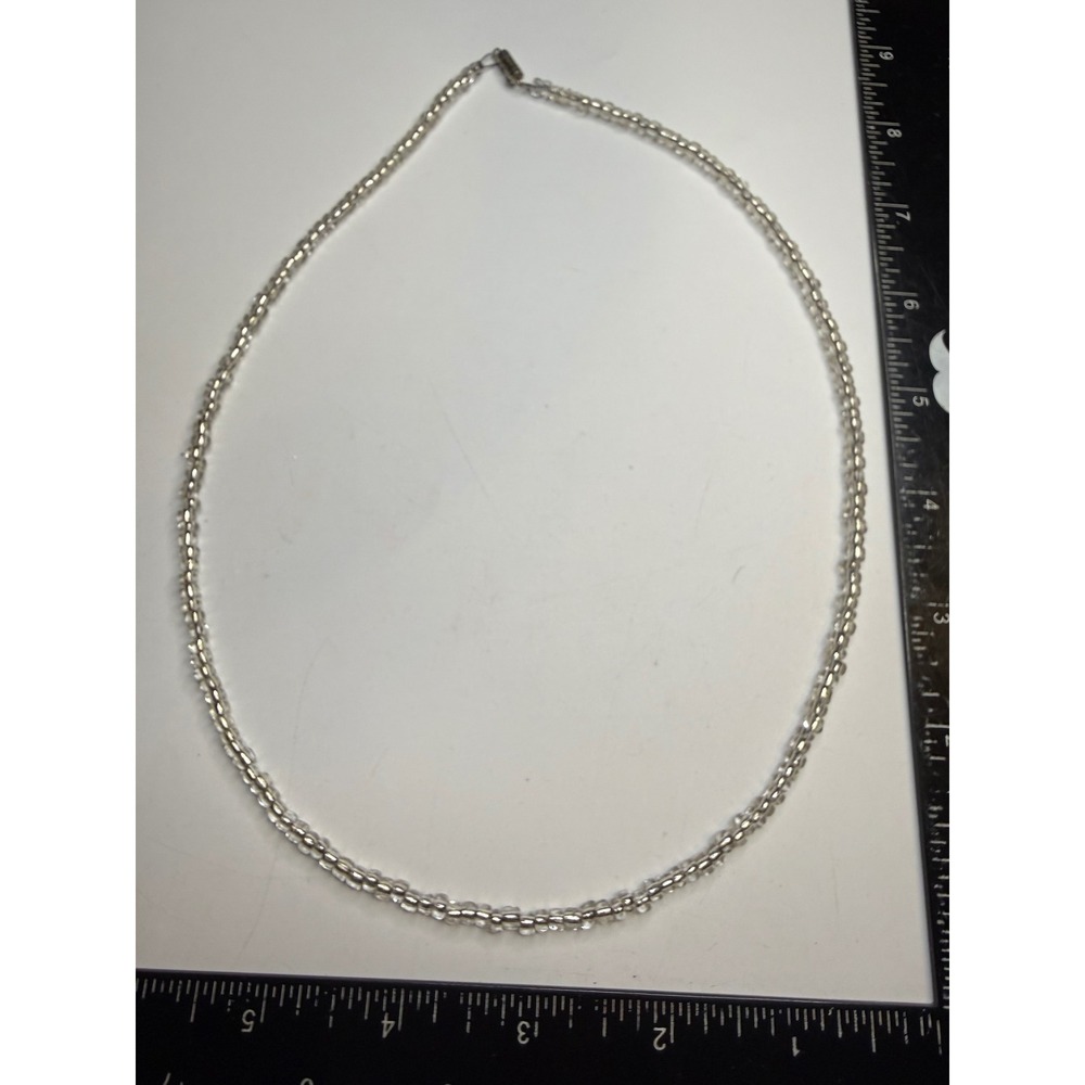 Handmade Clear Silver Seed Bead Necklace 18 Inch Barrel Clasp Minimalist Jewelry